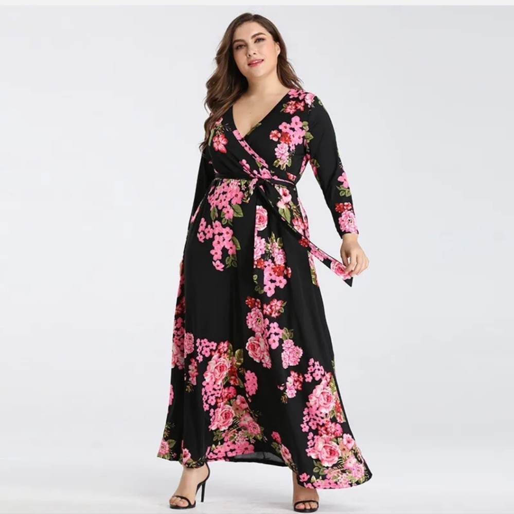 MAXI DRESS PLUS SIZE BLACK & PINK FLATTERING FLORAL WRAP SUMMER DRESS